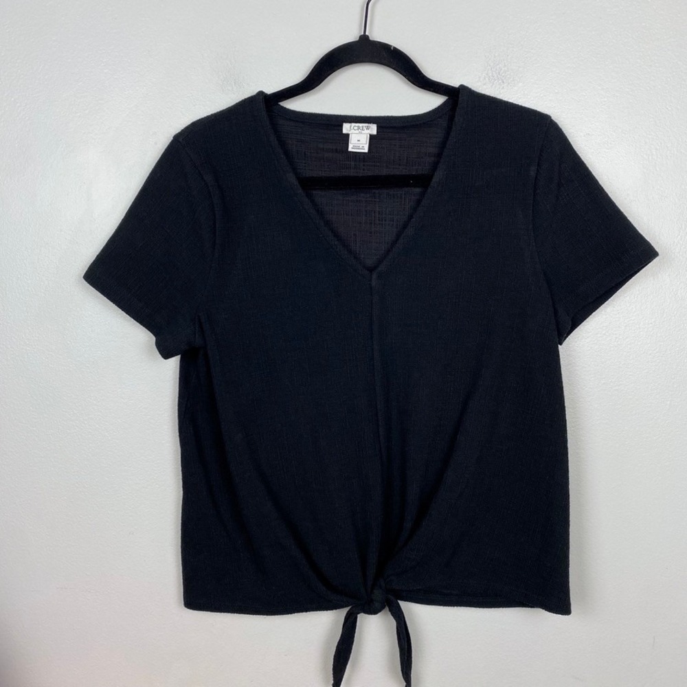 J. Crew Factory Textured Tie-Front Tee Black V-Neck Minimalist Chic Size Medium